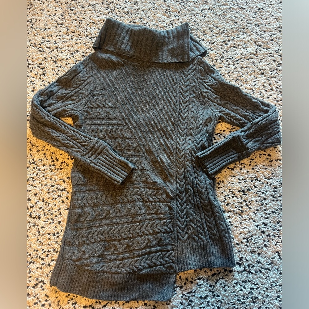 Grey asymmetrical cable knit sweater. LL Bean.